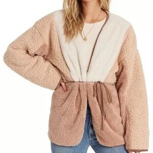 BILLABONG Teddy Jacket Open Front Tie Belt Sherpa Tan Cream Womens Small